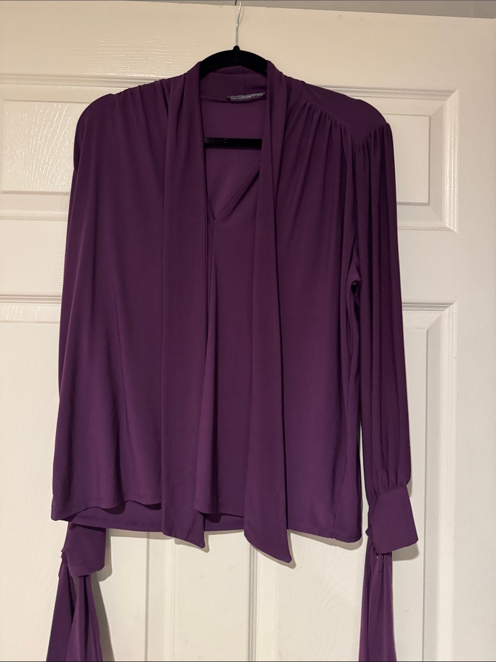 Zara Plum Long-Sleeve Draped Tie-Front Blouse